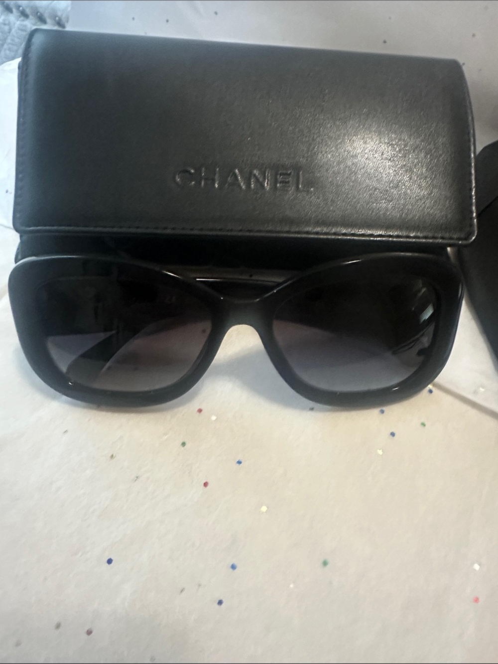 Authentic CHANEL Black Oversized Rectangle Sunglasses with Quilted Logo Case